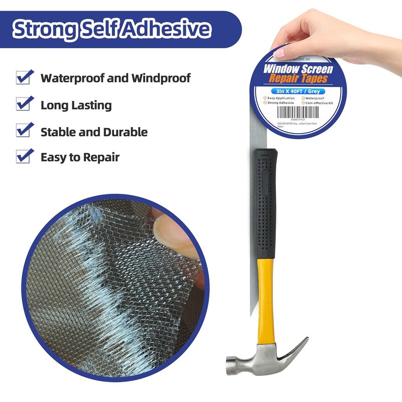 KING MOUNTAIN Grey Window Screen Repair Tape,3inX40FT Heavy Duty Screen Repair Kit for Window Screen and Screen Door Tears Holes,Strong Adhesive & Waterproof Window Screen Patch - Image 4